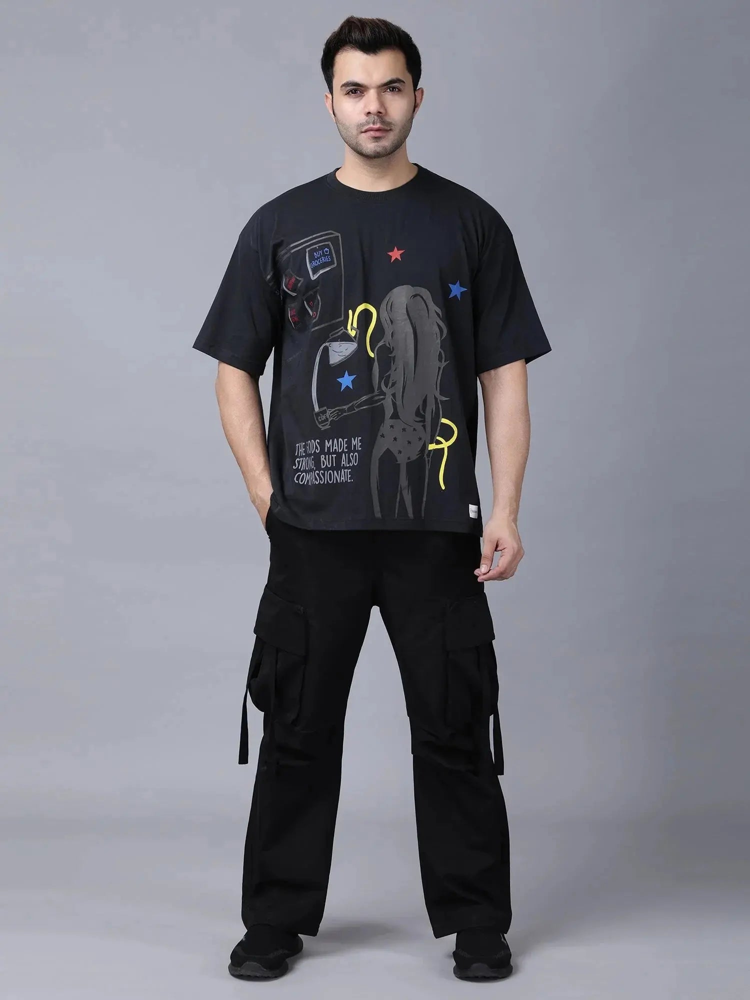 Stylstpls black oversized crew neck t-shirt featuring a graphic design and relaxed fit