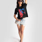 Black print t-shirt for women by Stylera with graphic worn with denim shorts and sunglasses