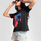 Stylera black print t-shirt for women featuring graphic worn with denim shorts