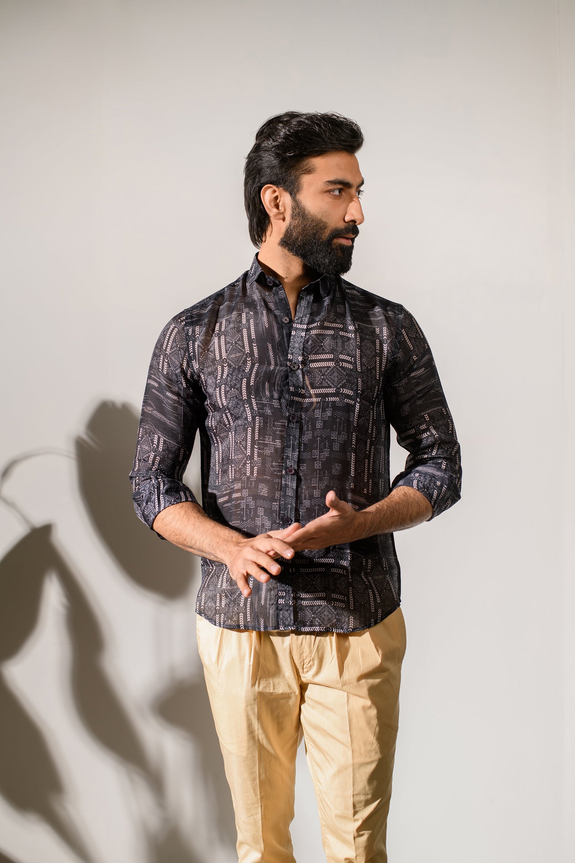 Stylish black silk oxford shirt for men with a modern design and comfortable fit