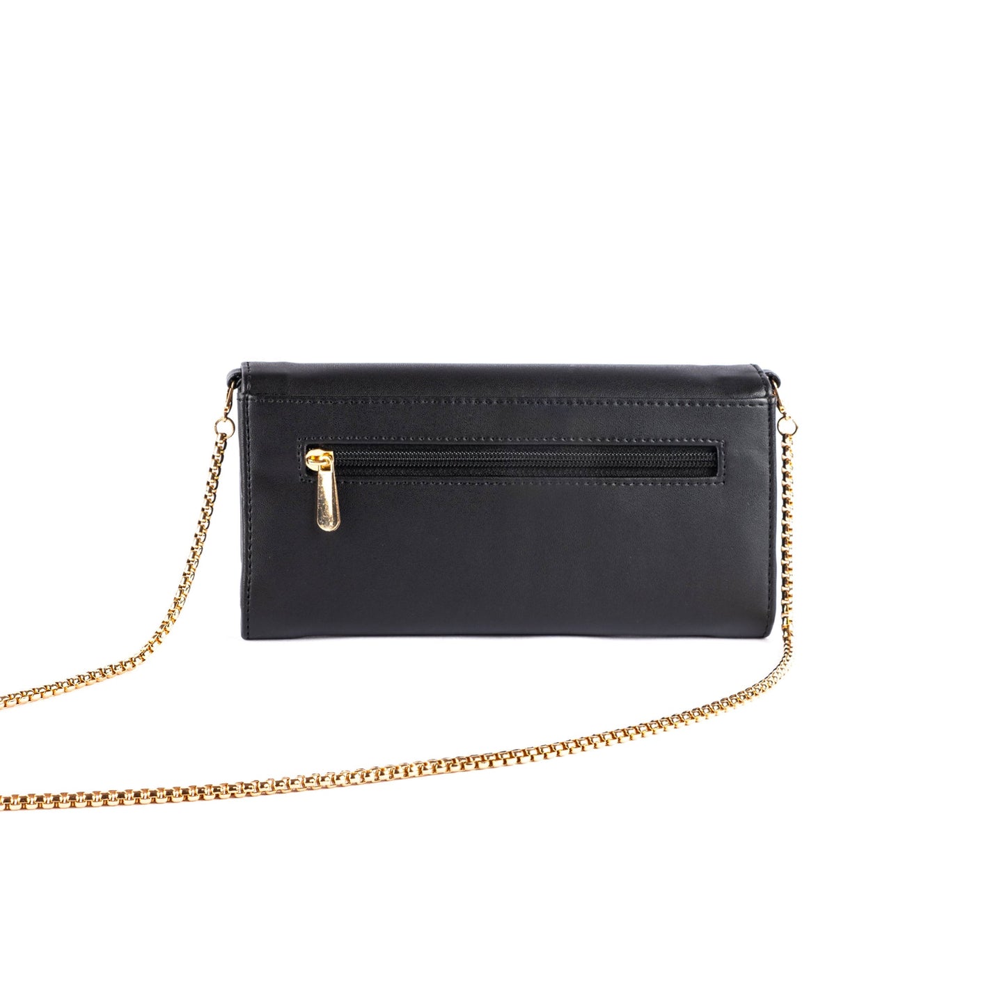 Elegant black sling wallet purse with a sleek design and gold chain strap for versatile styling