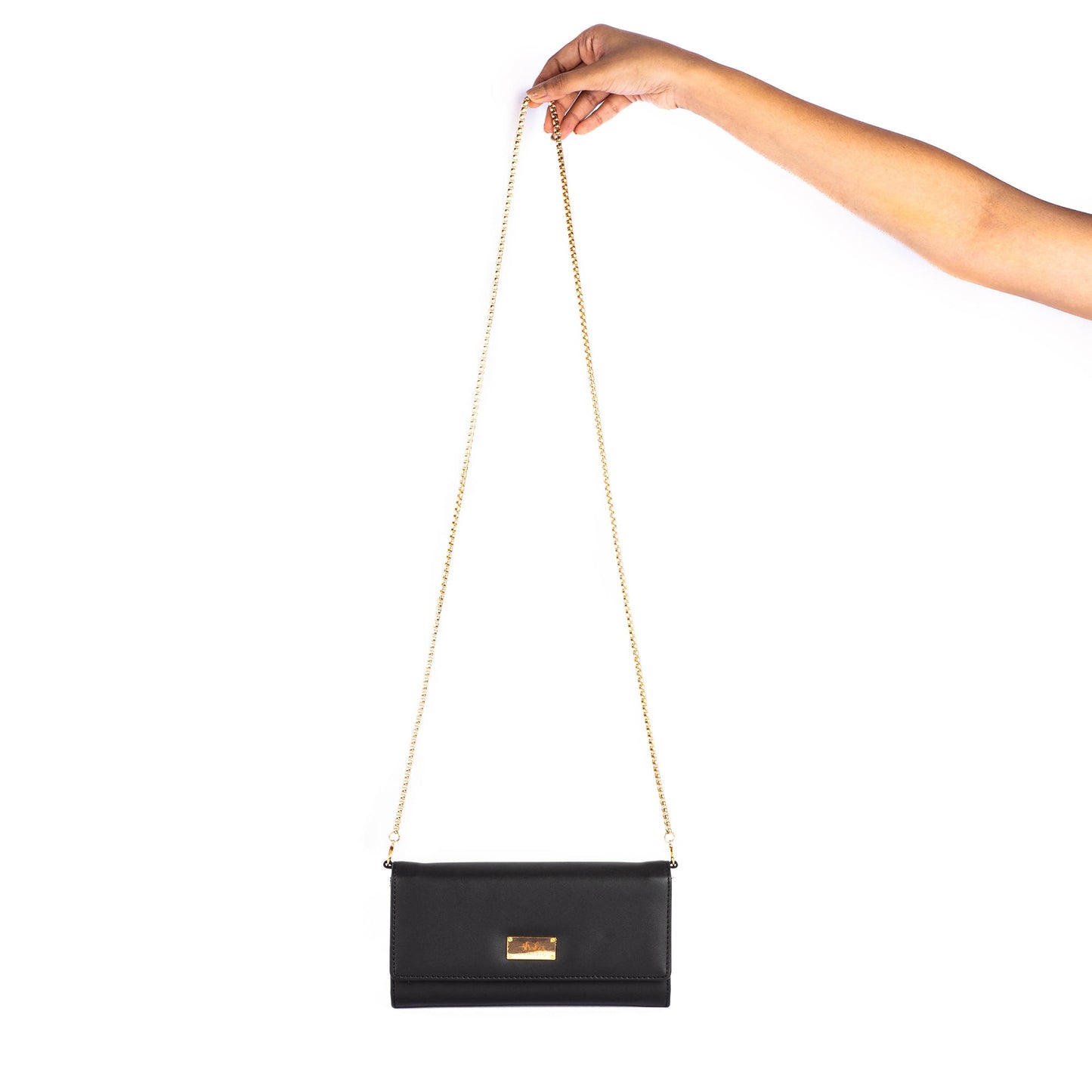 Elegant black sling wallet purse with a gold chain strap for stylish convenience