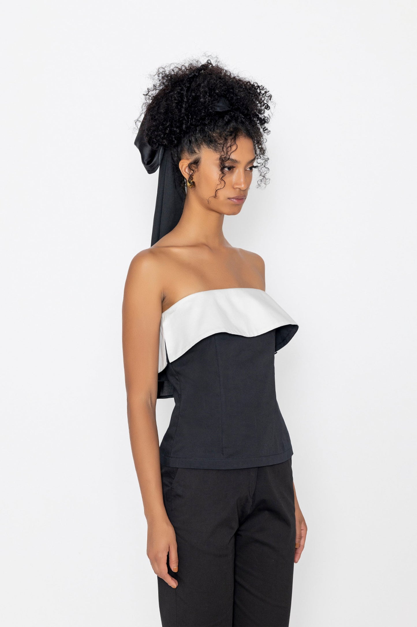 Stylera black swan inspired fashion top strapless with white ruffle detail