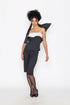 Stylera black swan inspired fashion top with white ruffle detail worn with black pants