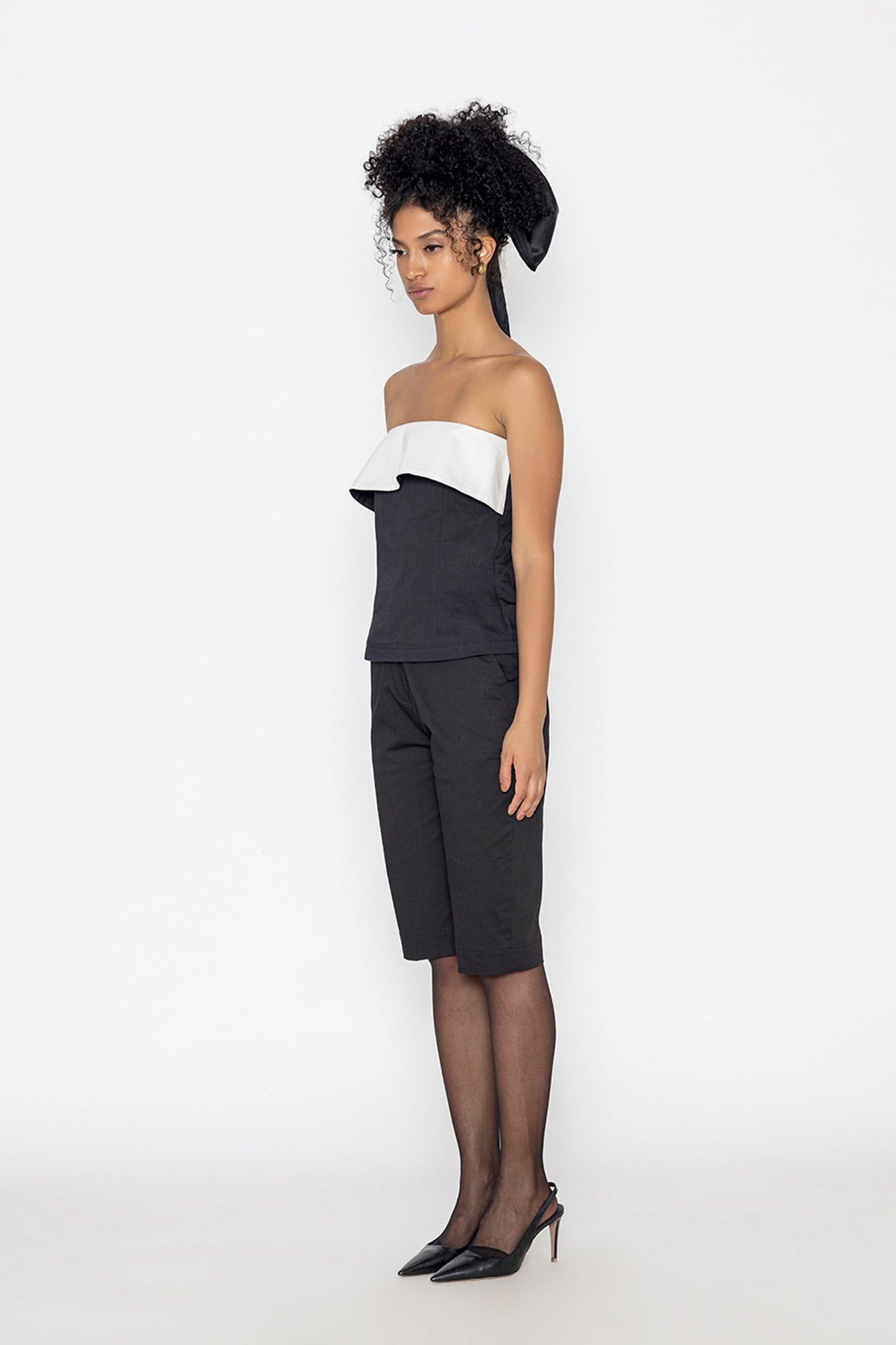 Stylera black swan inspired fashion top strapless with white ruffle detail paired with black pants