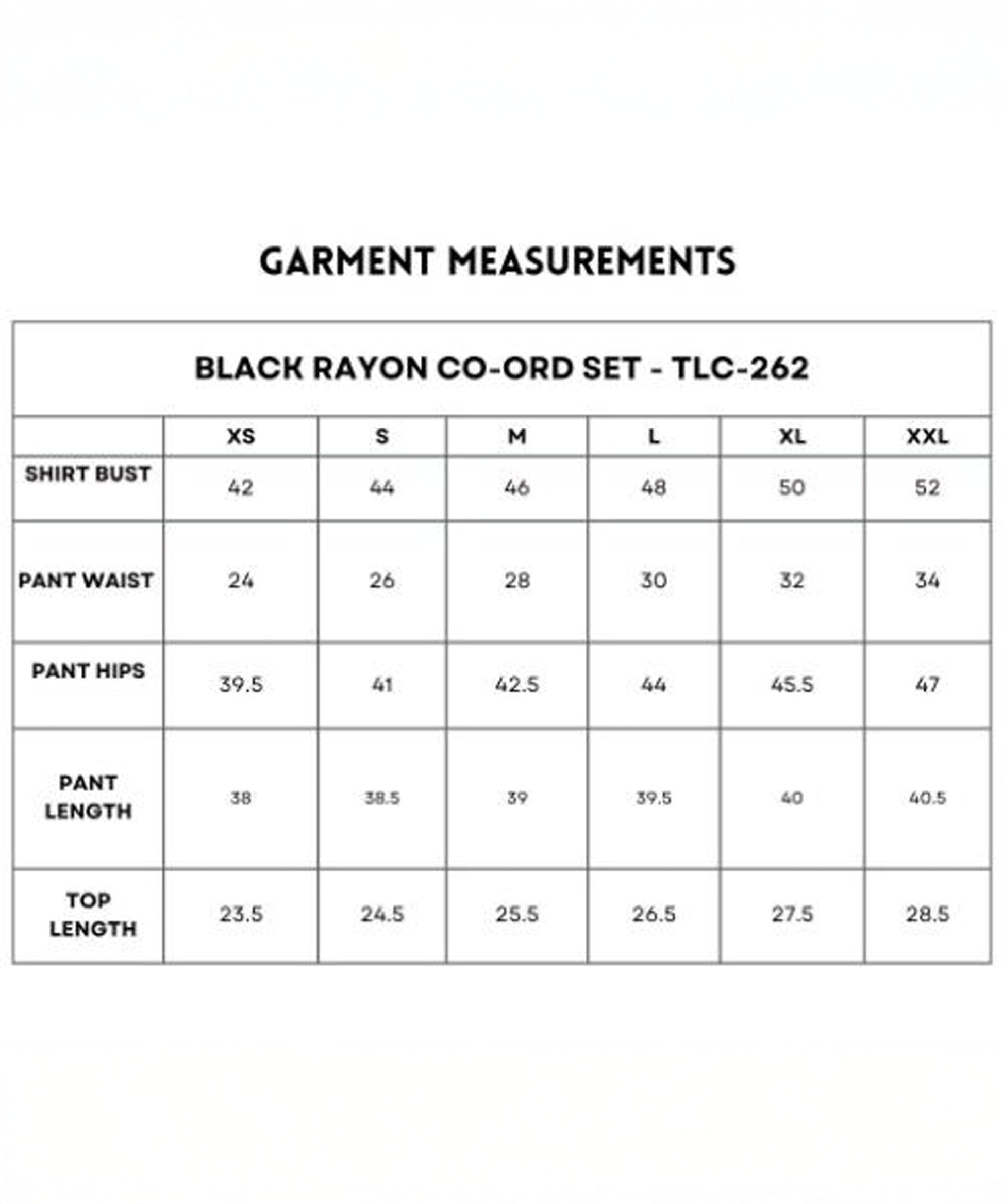 Garment measurements for black two piece lounge set women including sizes from XS to XXL