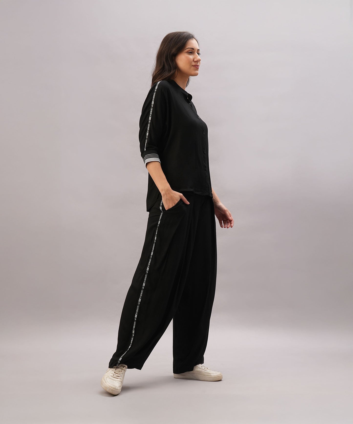 Stylish black two piece lounge set women with comfortable fit and side pockets for casual wear