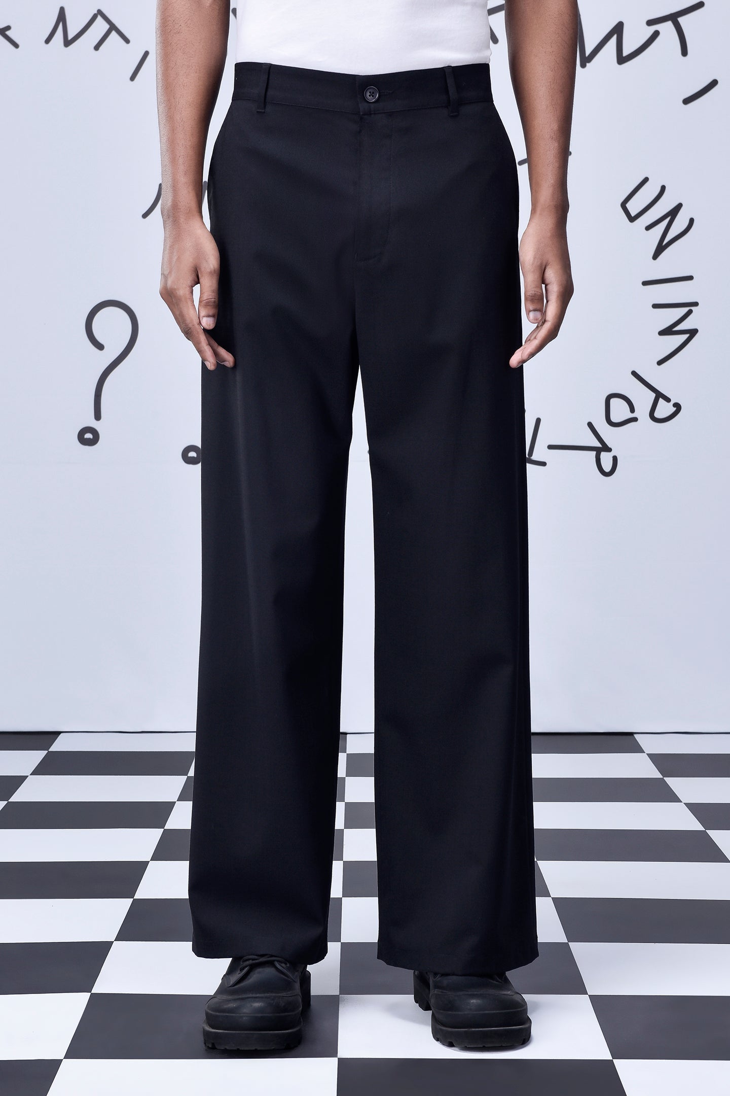 Stylera black wool straight fit trousers full length mid rise with belt loops and side pockets