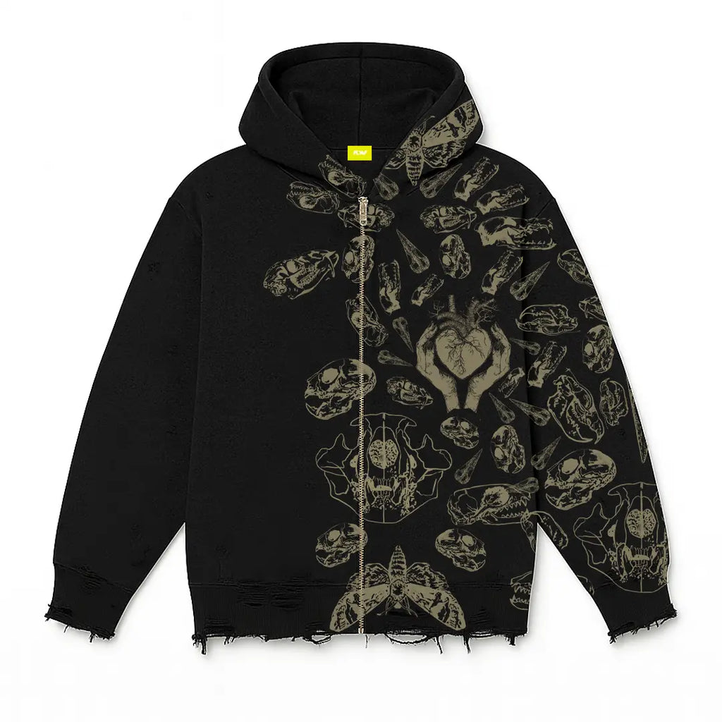 Fractured Pulse Printed Black Zipper Hoodie FLYAF