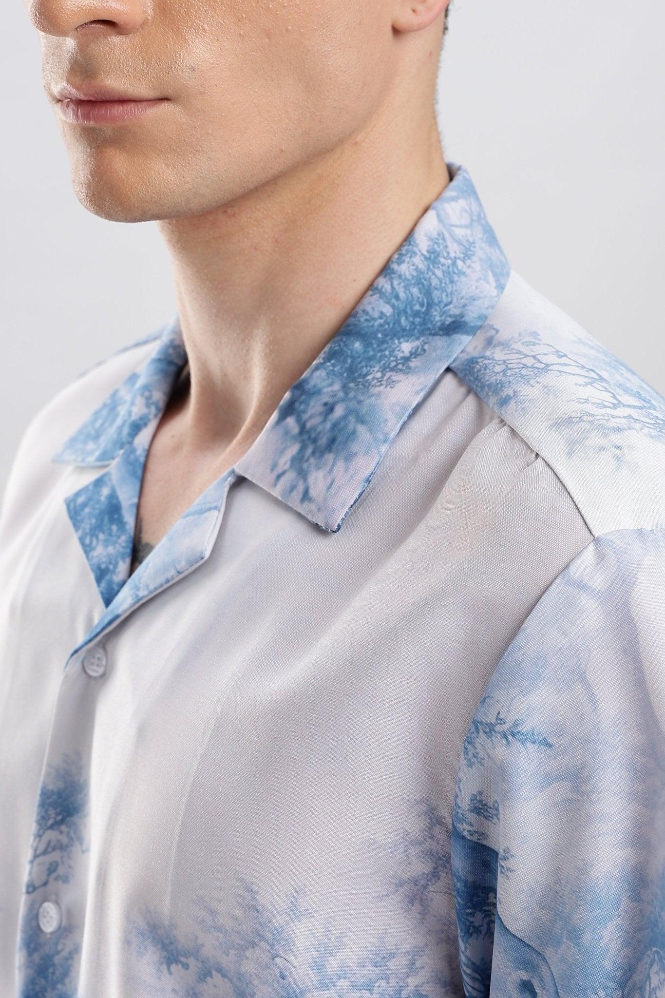 Stylera mens blue and white printed casual shirt with camp collar lightweight button front fabric