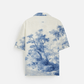 Stylera blue and white printed casual shirt back view with scenic toile landscape print of trees and crane