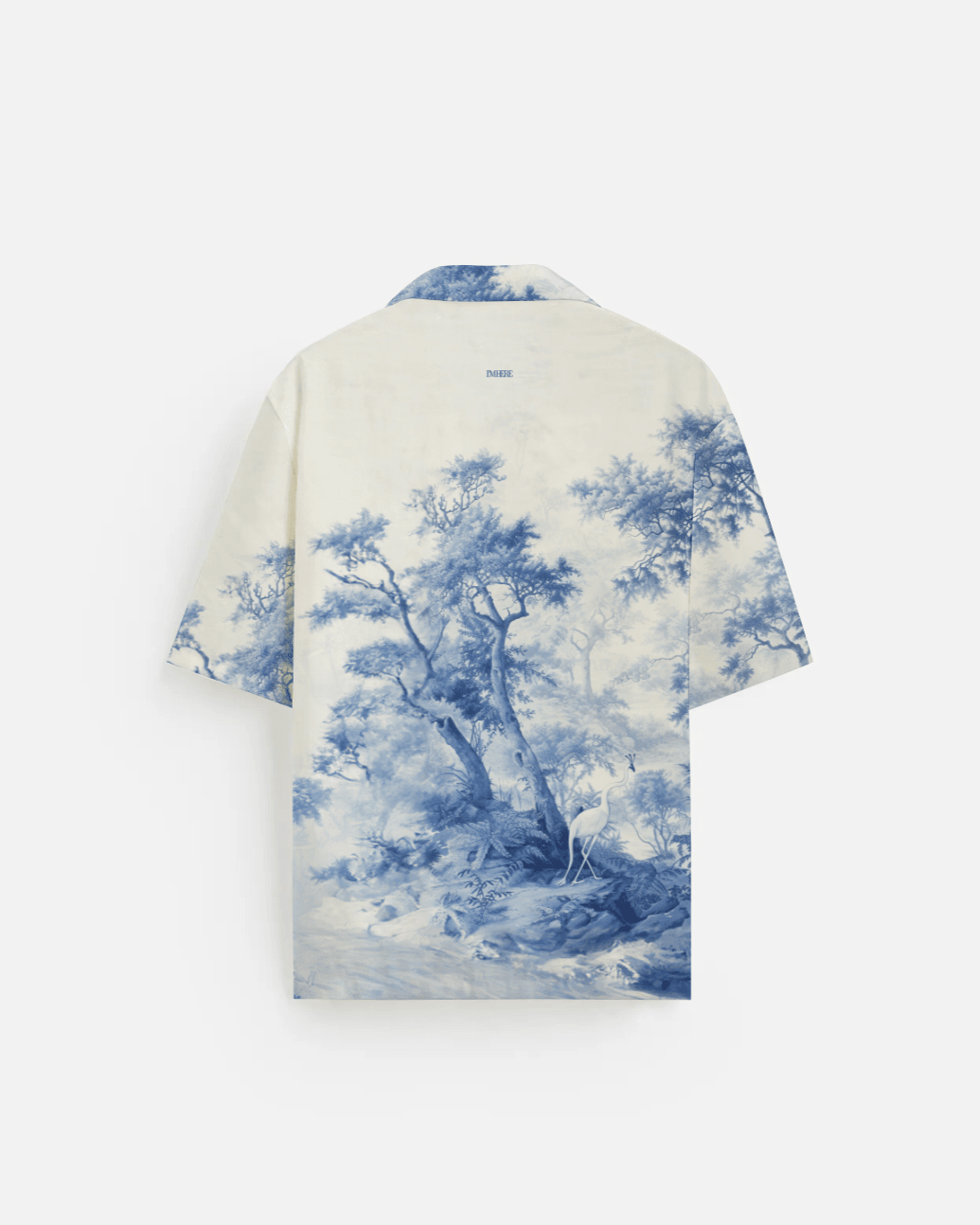 Stylera blue and white printed casual shirt back view with scenic toile landscape print of trees and crane