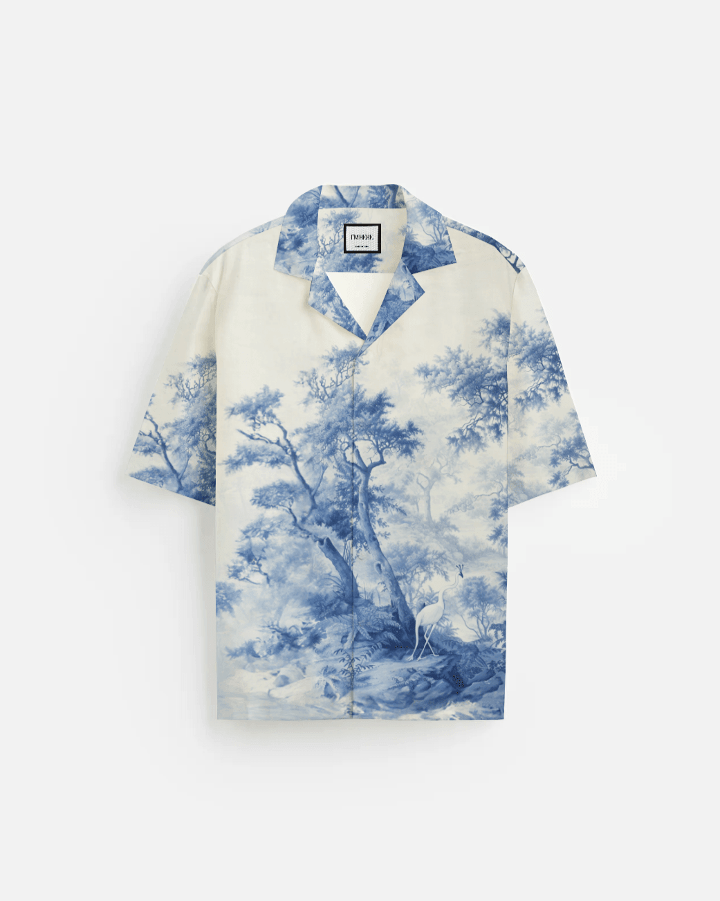 Stylera blue and white printed casual shirt short sleeve camp collar scenic toile landscape print relaxed fit