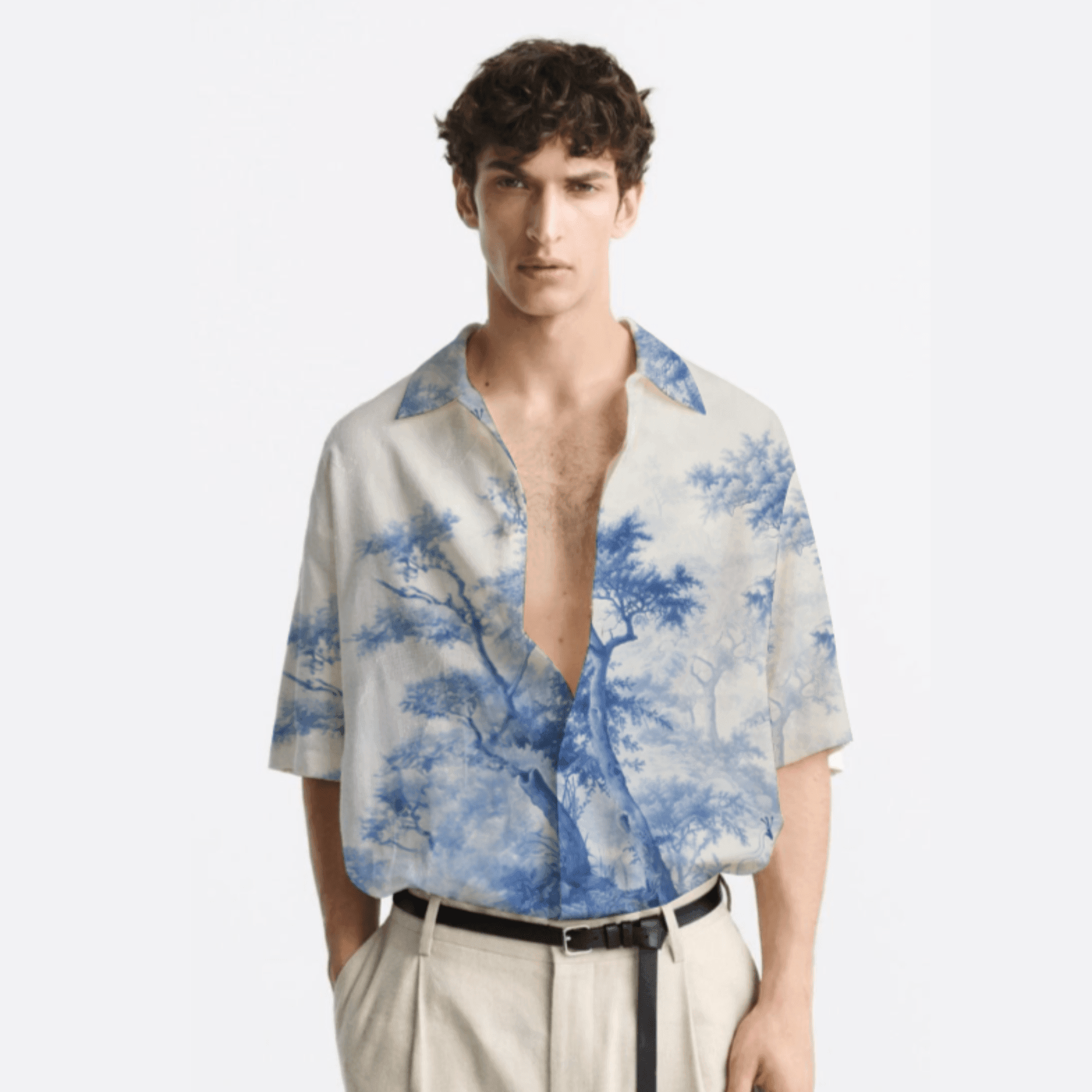 Stylera blue and white printed casual shirt on male model short sleeve relaxed fit linen blend