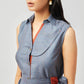 Stylera sleeveless blue button down midi dress with patterned fabric and waist tie belt