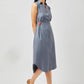 Stylera blue button down midi dress sleeveless with a collar and side buckle detail