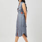 Stylera blue button down midi dress with sleeveless design and side tie belt