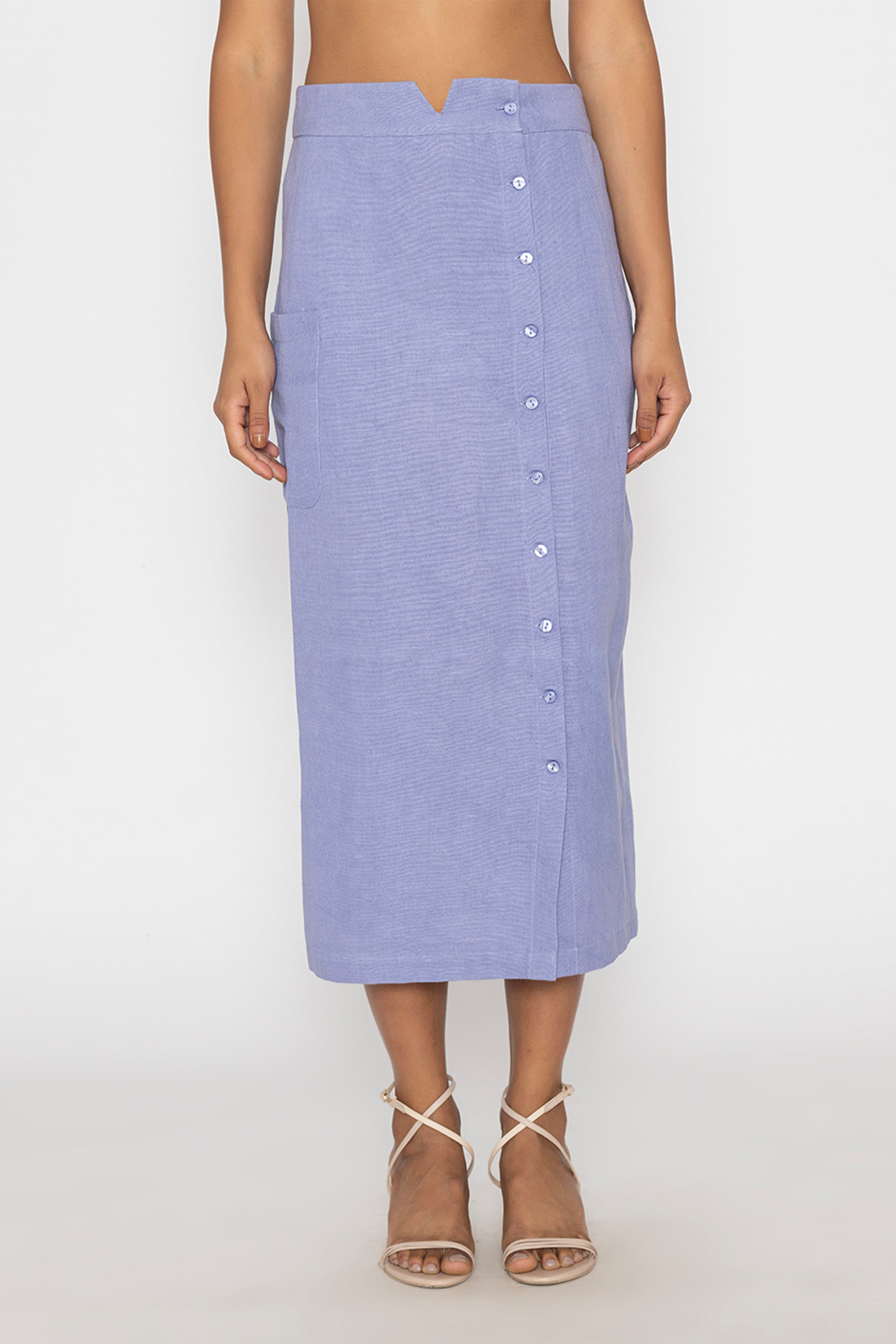 Stylera blue button front midi skirt with a fitted waist and side button details