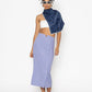 Stylera blue button front midi skirt worn with white crop top and navy scarf