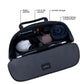 Stylera blue duffle bag for travel open top showing padded laptop compartment zipper pockets rolled clothes and headphones