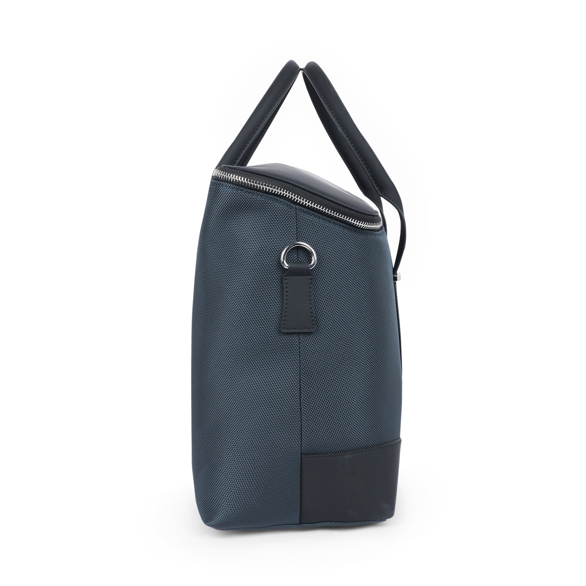 Stylera textured navy blue duffle bag for travel with top zip closure padded handles and side D ring