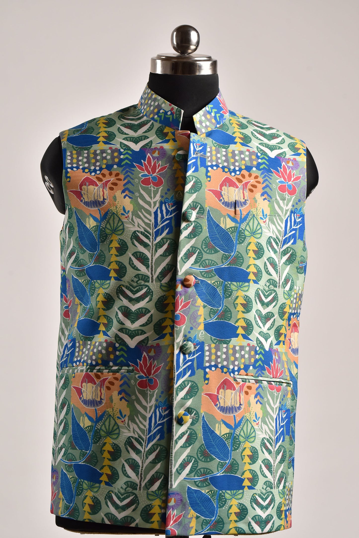 Blue floral bandi for men featuring vibrant floral patterns and a stylish collar design