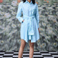 Stylera model wearing blue green stripe dress belted shirt dress with embroidery and pockets