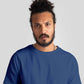 Stylera blue jacquard regular fit t-shirt worn by man with curly hair and beard