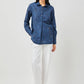 Stylera long sleeve cotton shirt for women in navy blue worn with white pants and sandals