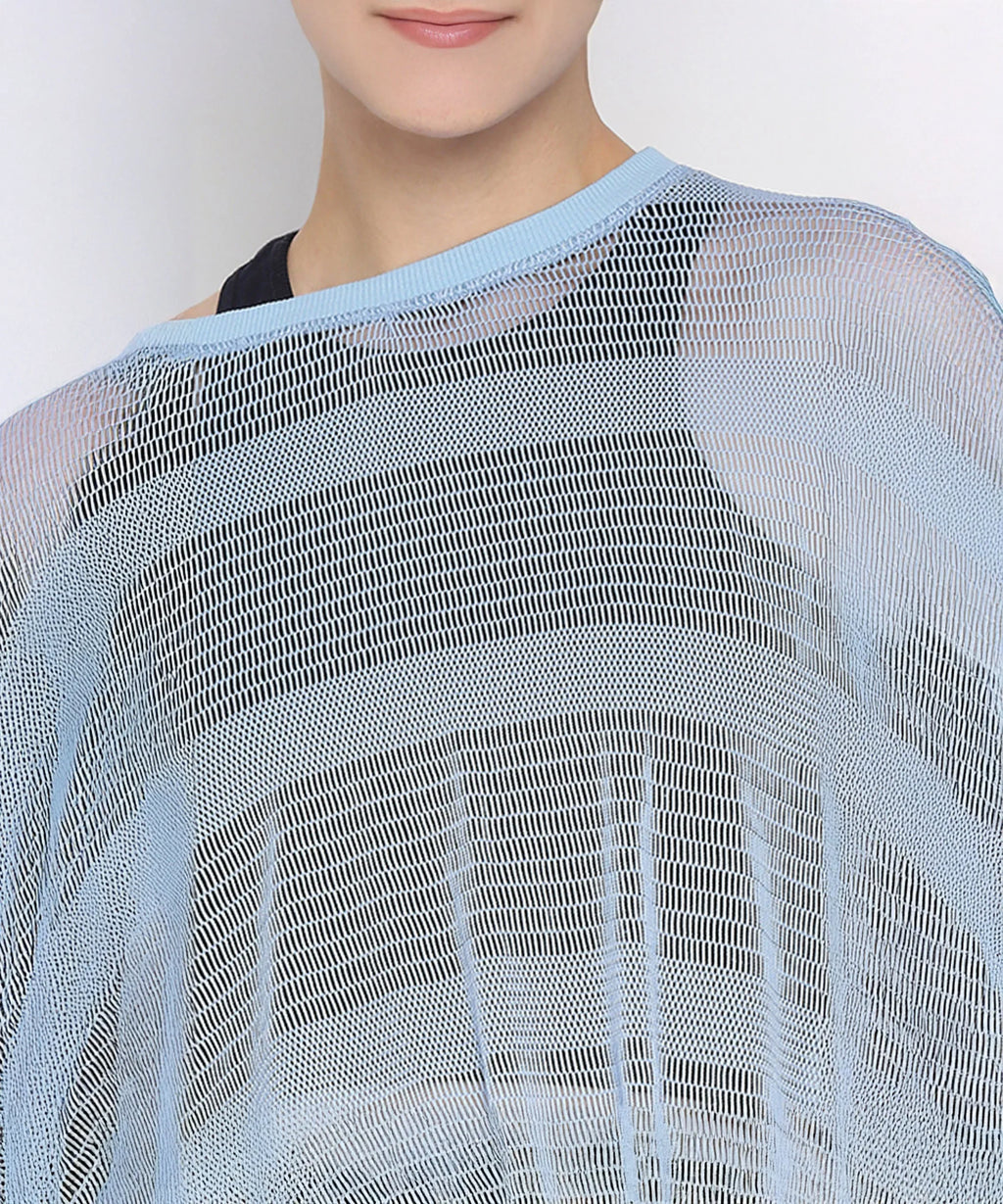 Lightweight blue netted top for women, perfect for layering over swimwear or activewear