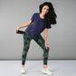 Active model wearing a blue soft t-shirt for women paired with stylish leggings and sneakers