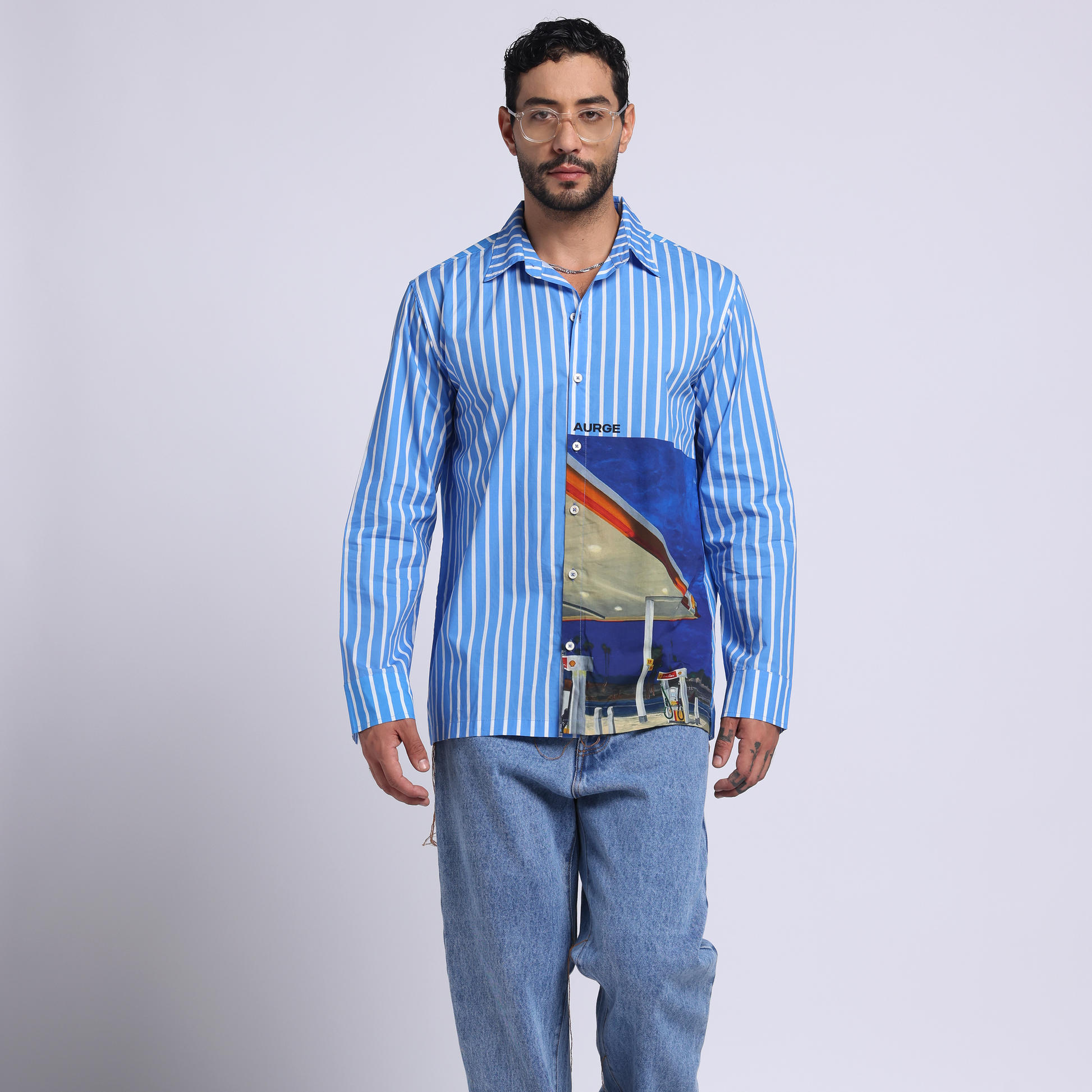 Stylera blue stripe casual shirt with artistic print on one side for a trendy look