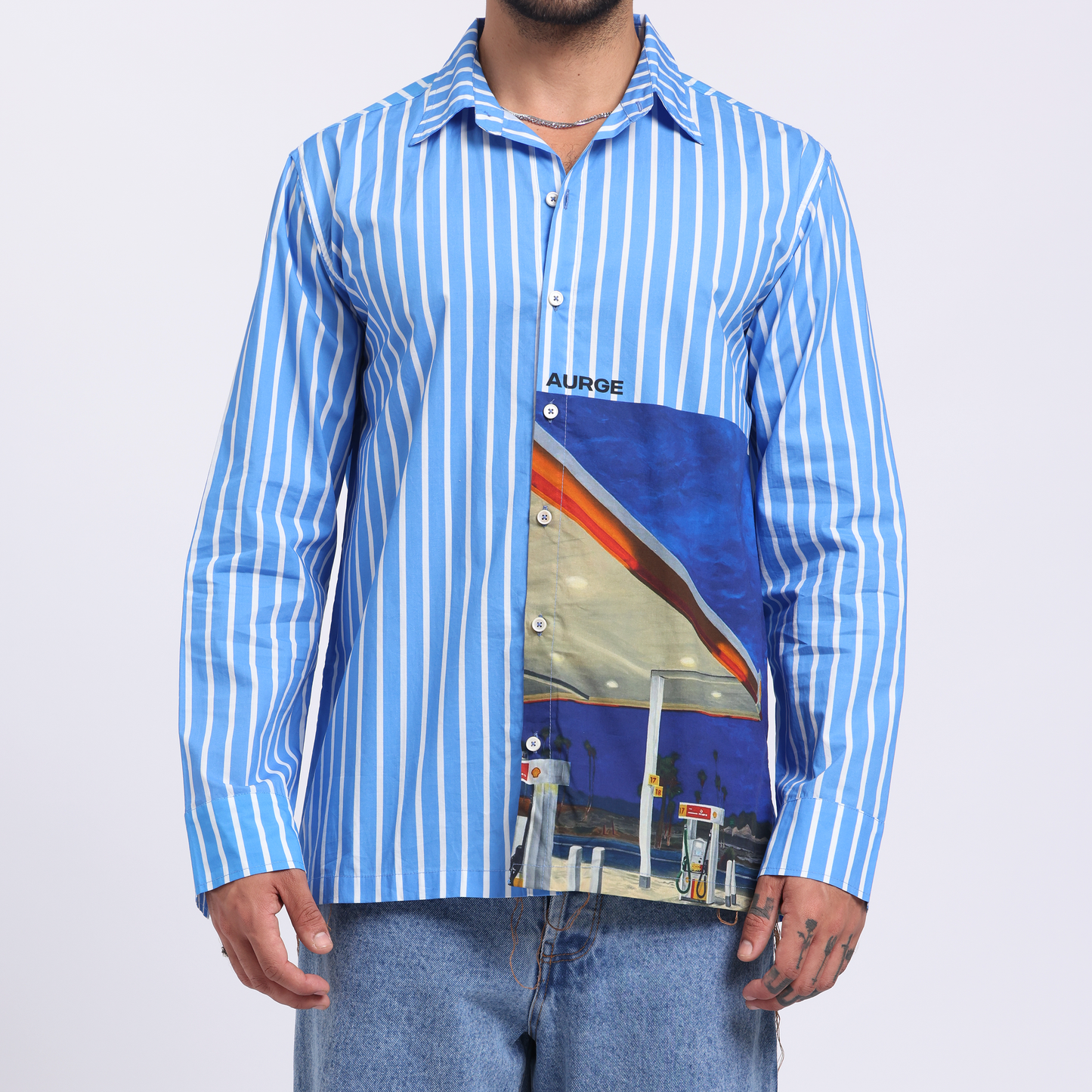 Stylera blue stripe casual shirt with a unique graphic print and long sleeves for a stylish look