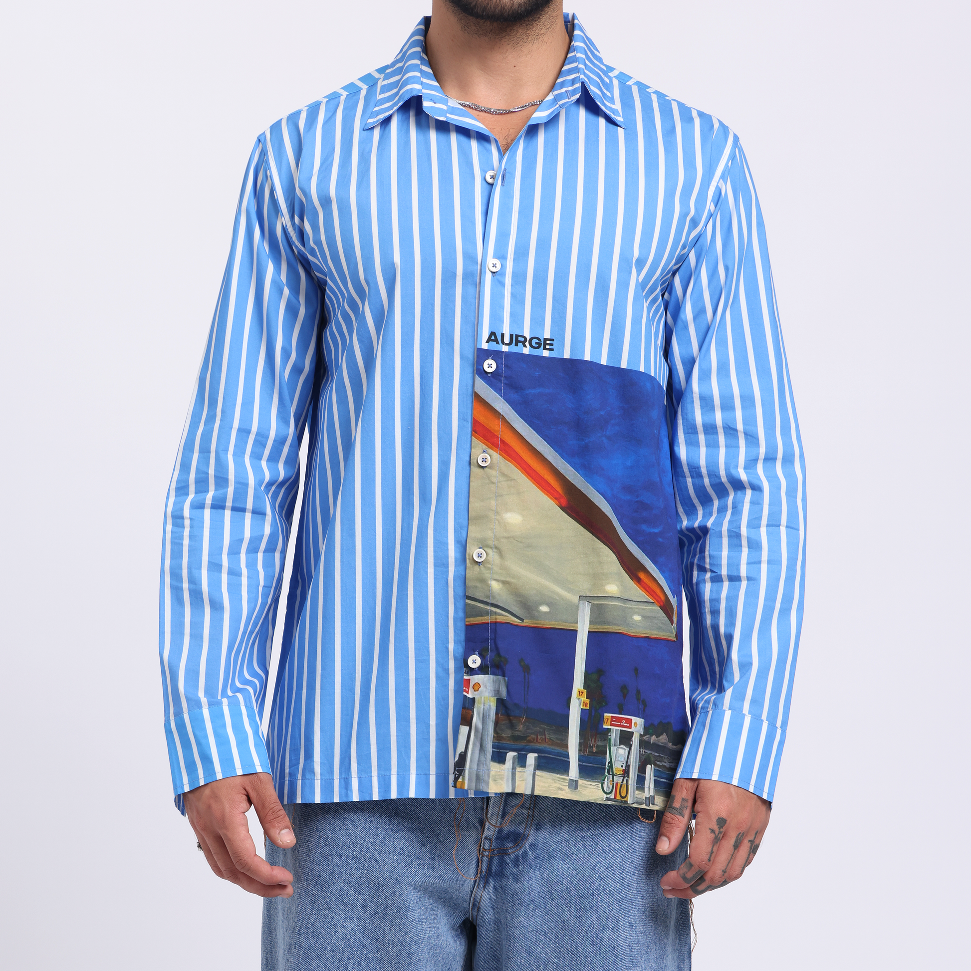 Stylera blue stripe casual shirt with a unique graphic print and long sleeves for a stylish look