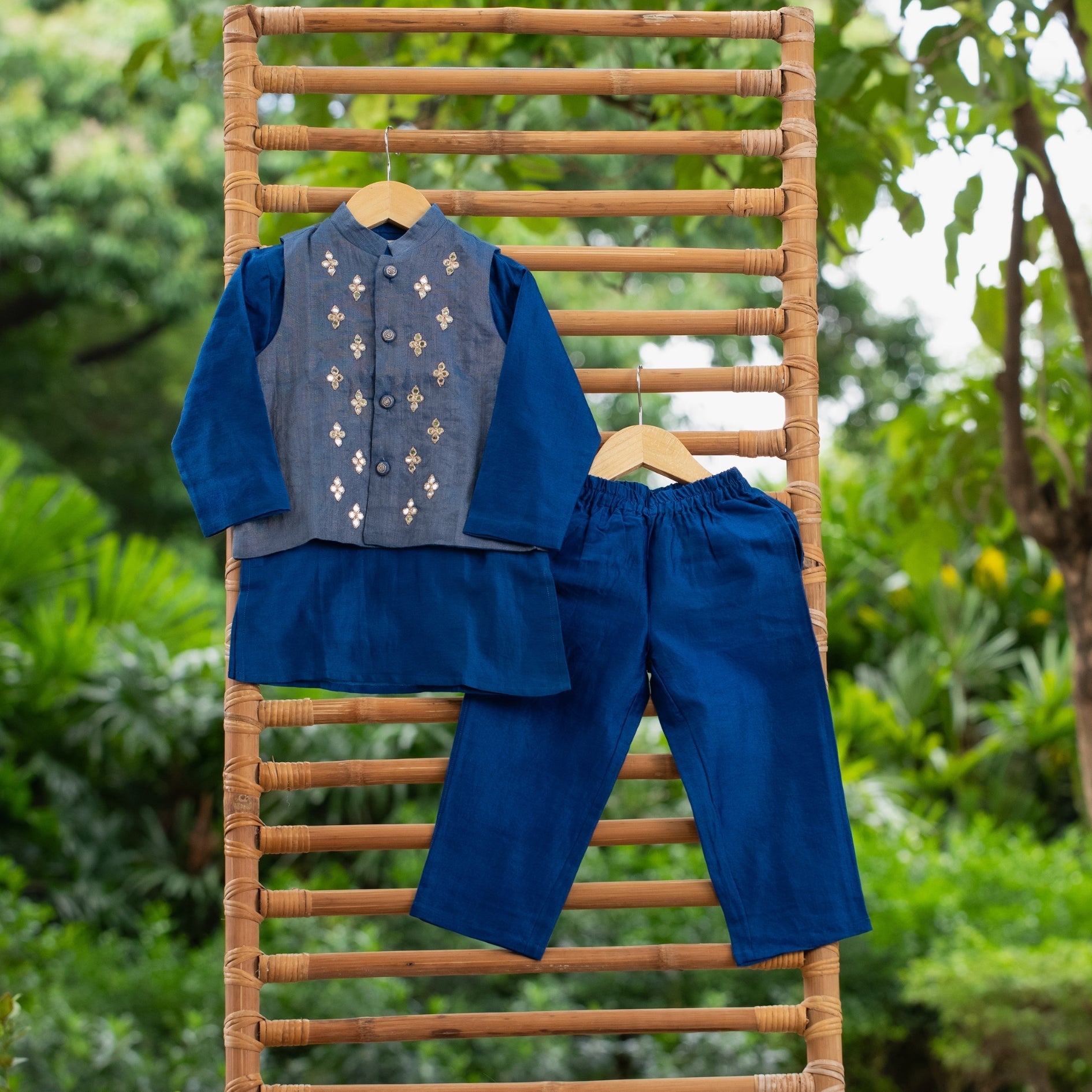 Blue traditional kurta pajama kids with embroidered vest and comfortable waistband for festive occasions