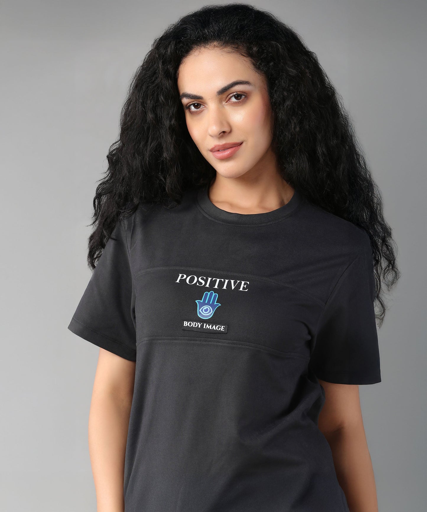 Stylera black t-shirt featuring positive body image graphic, ideal body positivity clothing for women