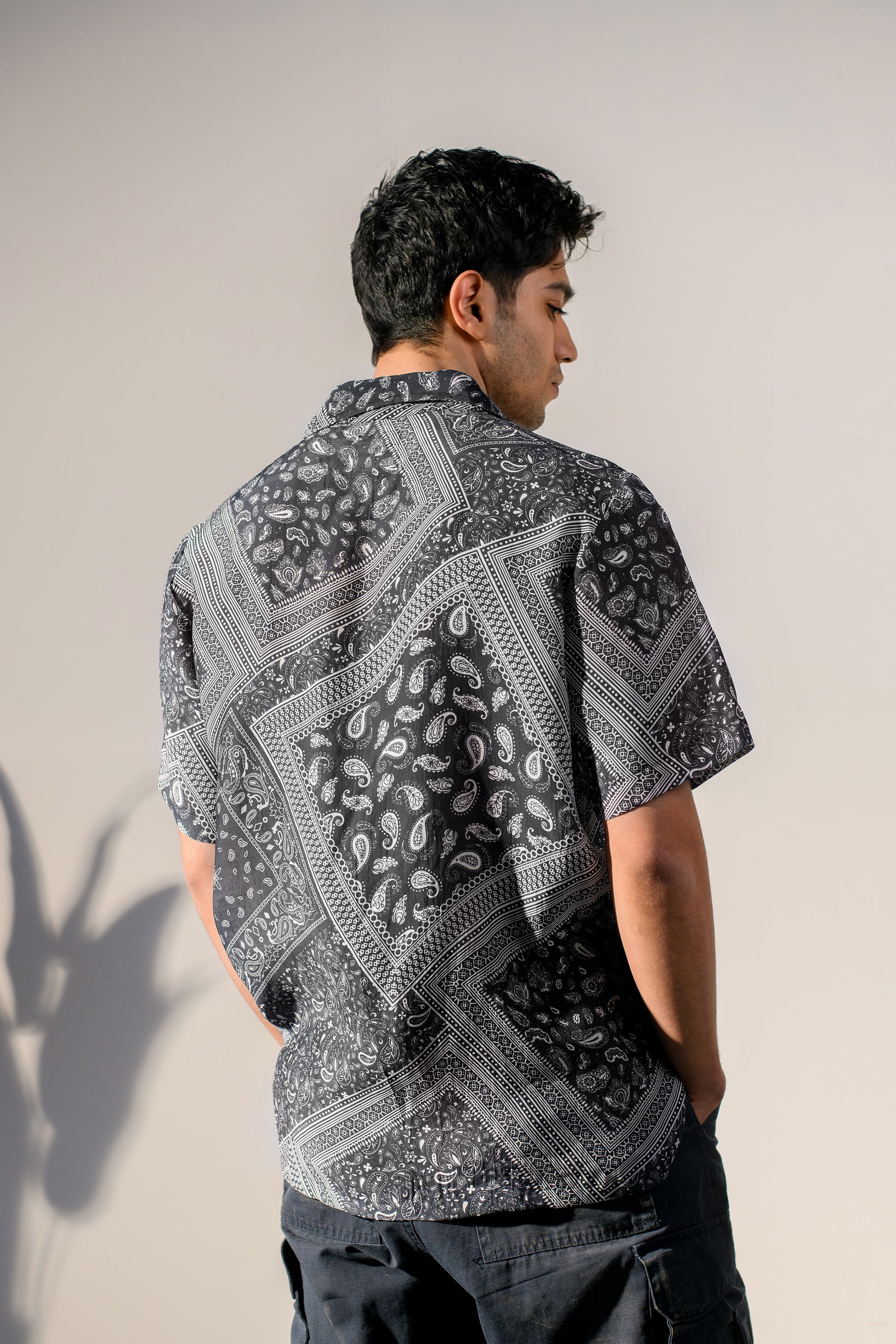 Men's boho bandana silk shirt for men in a stylish black and white design, perfect for casual wear