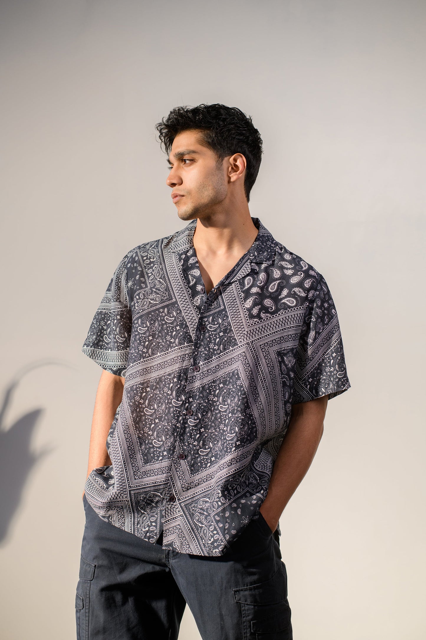Stylish boho bandana silk shirt for men in black and gray with a relaxed fit