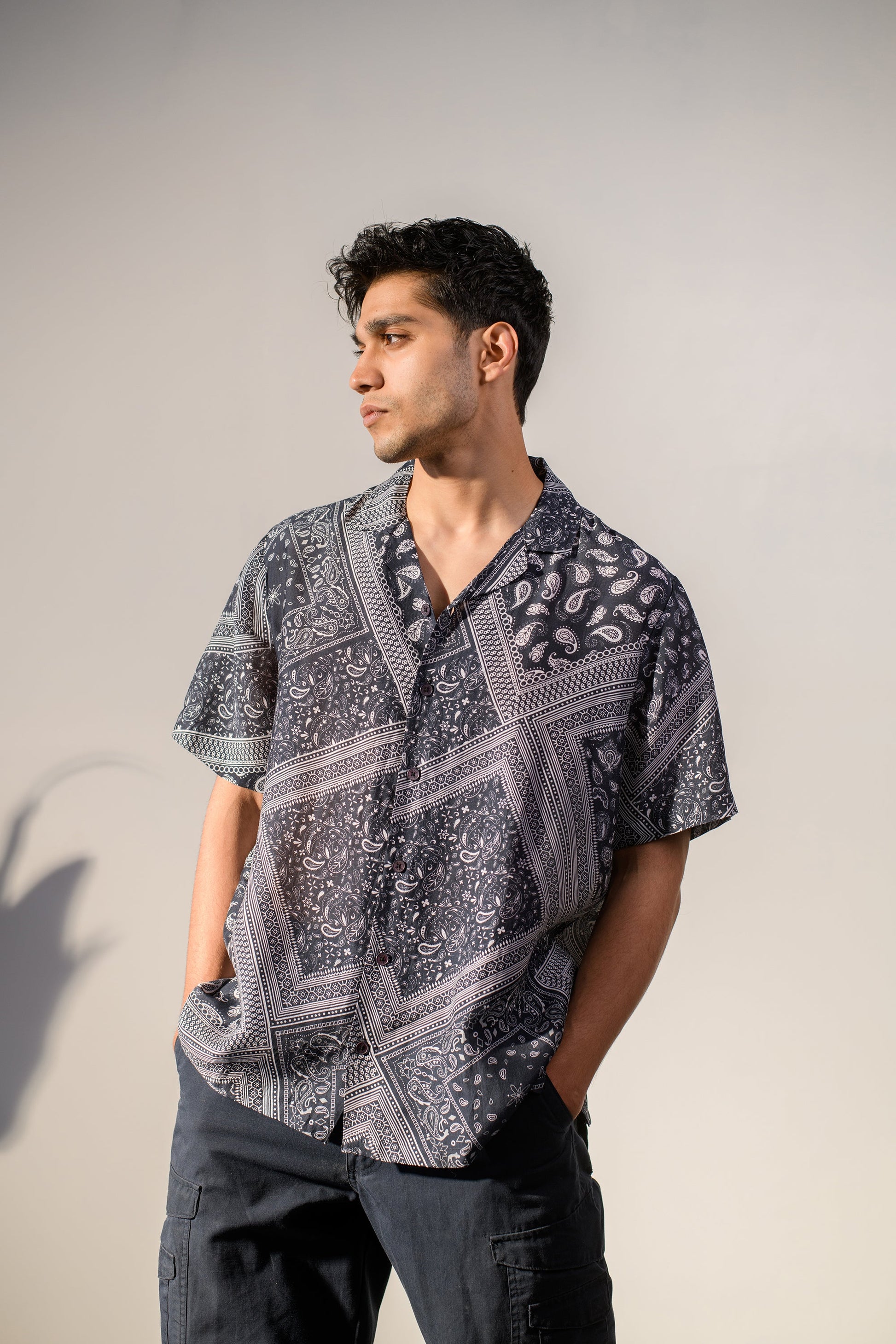 Stylish boho bandana silk shirt for men in black and gray with a relaxed fit