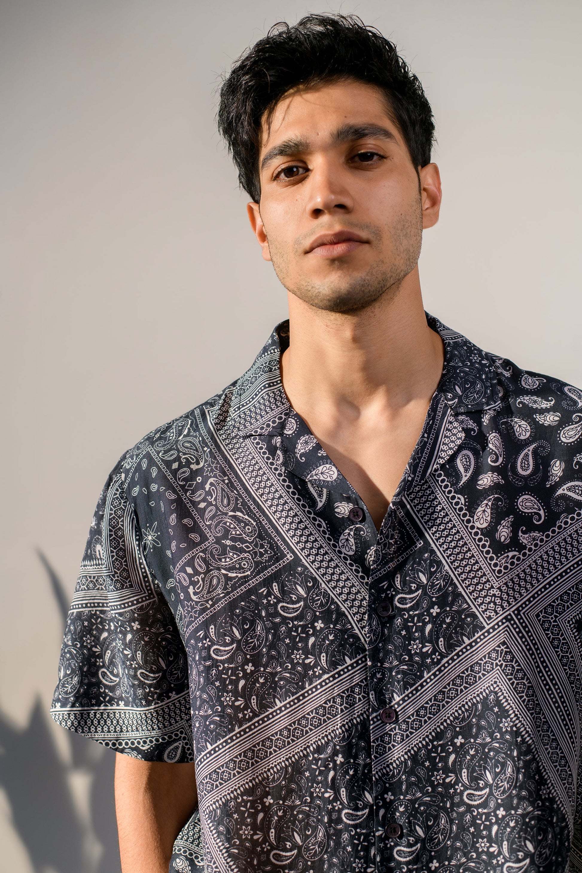 Men's boho bandana silk shirt for men featuring a stylish paisley pattern and relaxed fit