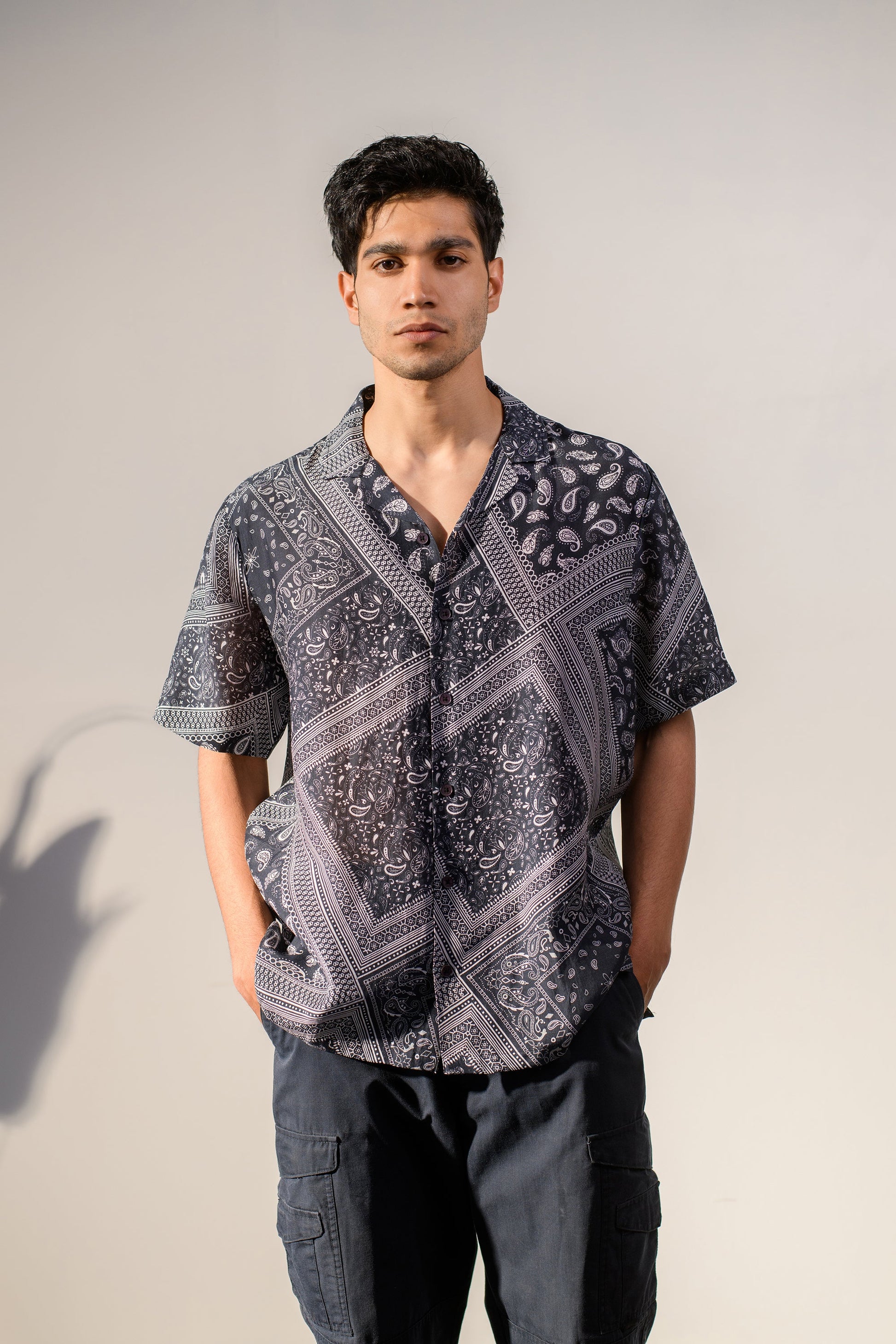 Men's boho bandana silk shirt for men with unique patterned design and relaxed fit