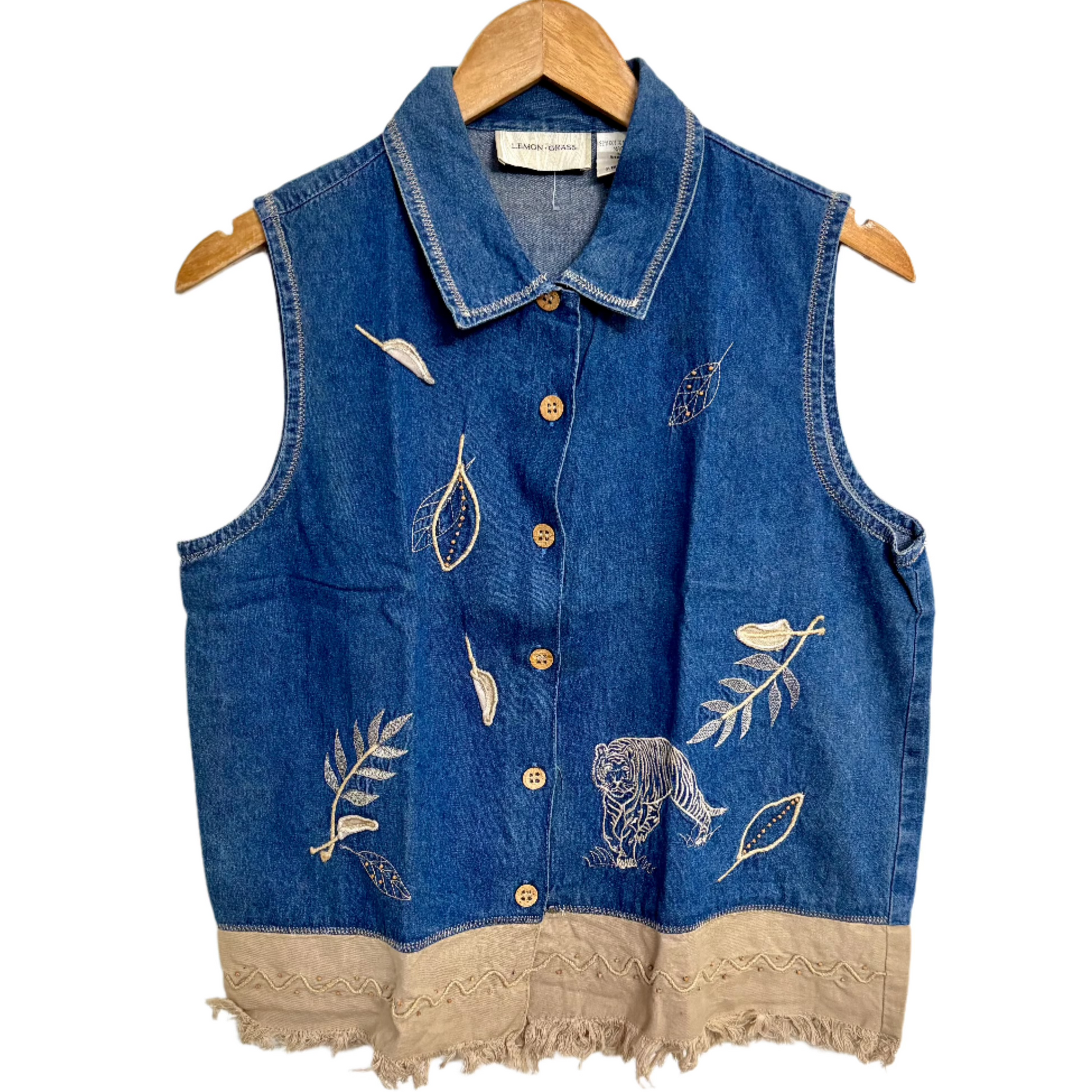 embroidered denim vest for women by Stylera sleeveless button front blue with leaf and tiger embroidery and fringe hem