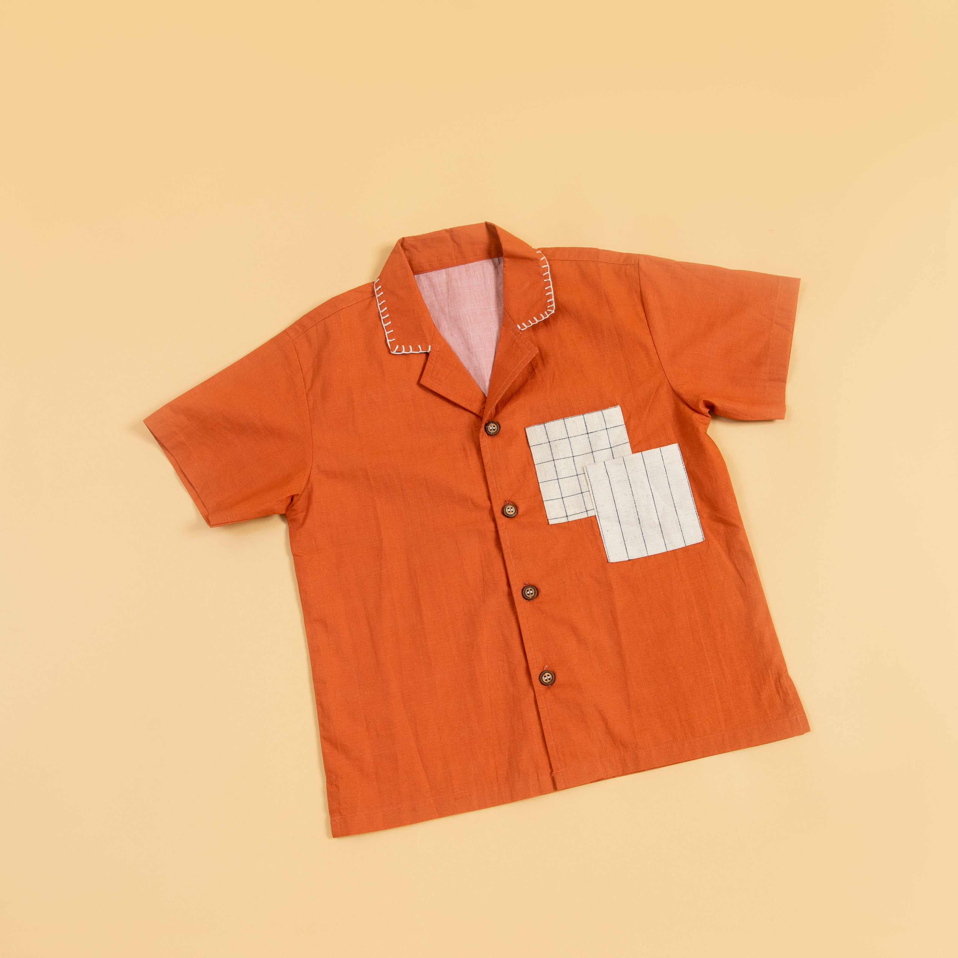 Stylera boho charm short sleeve shirt in orange with unique patchwork design