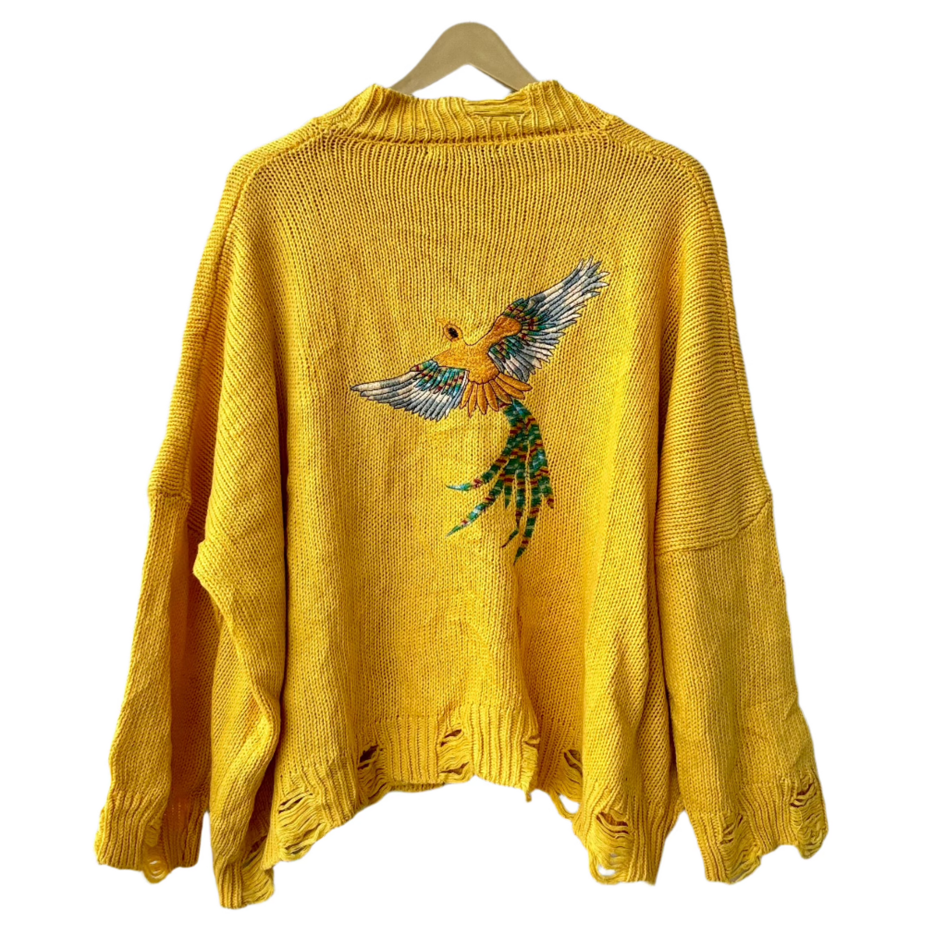yellow knit sweater for women with embroidered colorful bird on back oversized distressed hem by Stylera