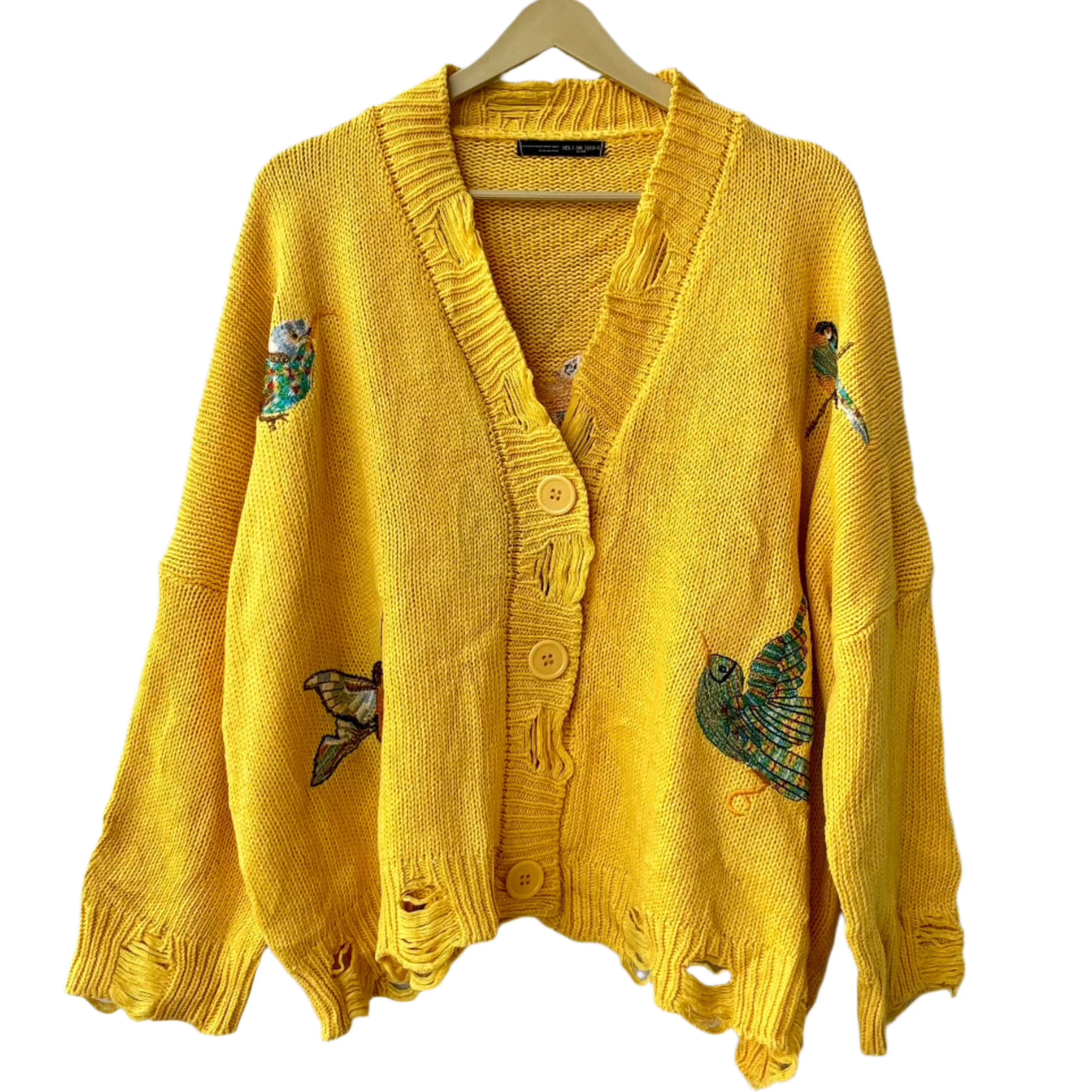 yellow knit sweater for women oversized distressed button front cardigan with embroidered birds from Stylera