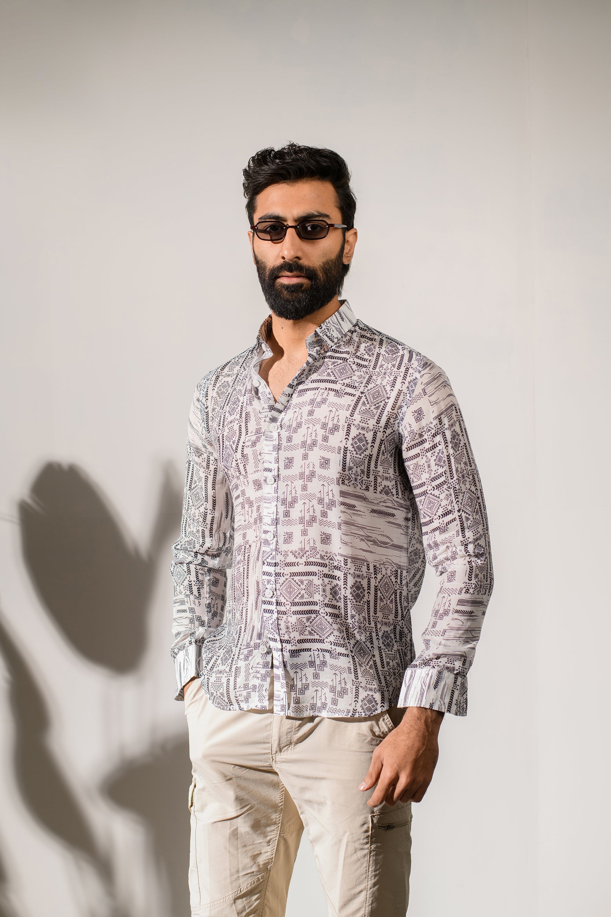 Stylish boho white silk shirt for men from Stylera, featuring a unique patterned design