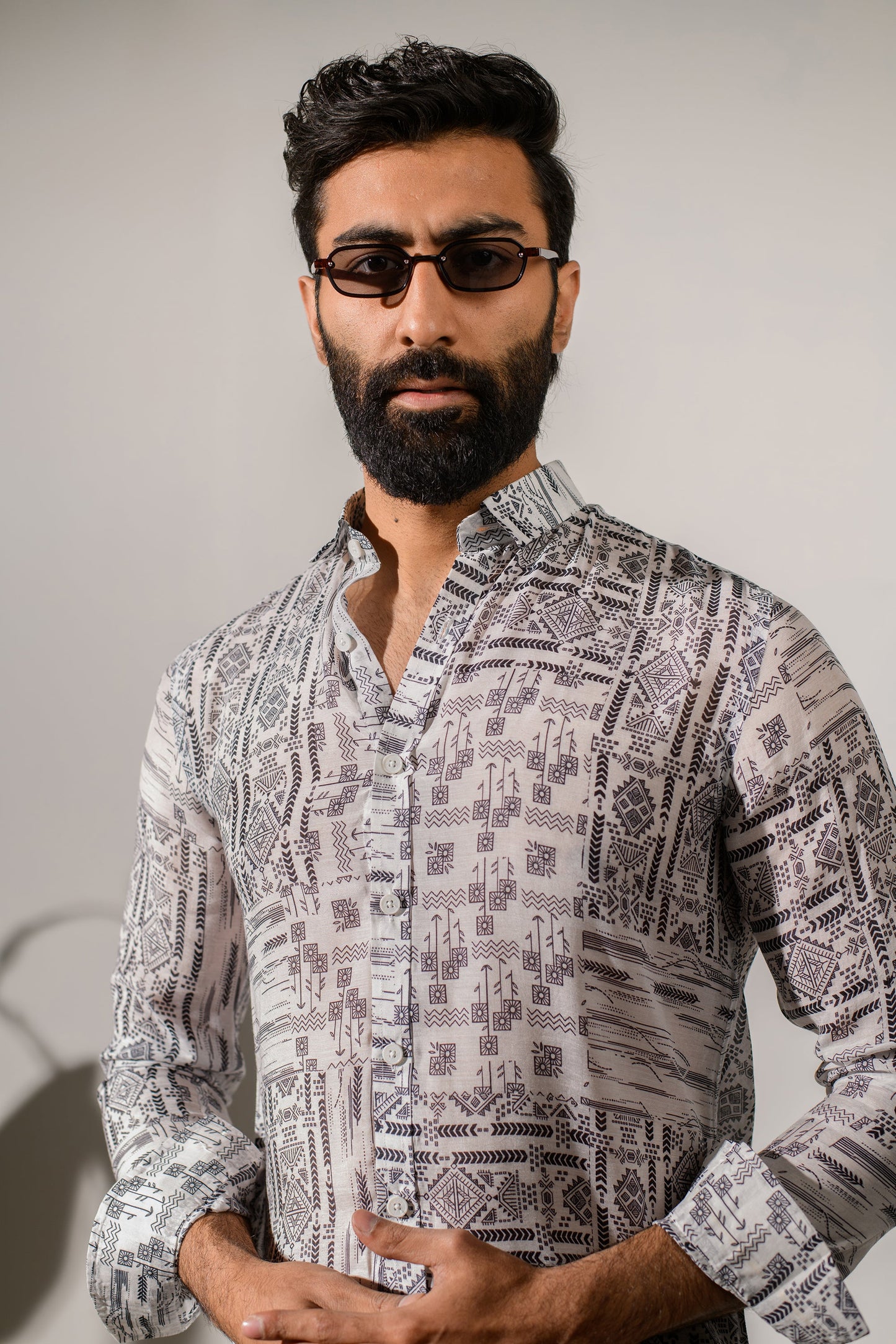 Stylish boho white silk shirt for men with intricate patterns and a relaxed fit