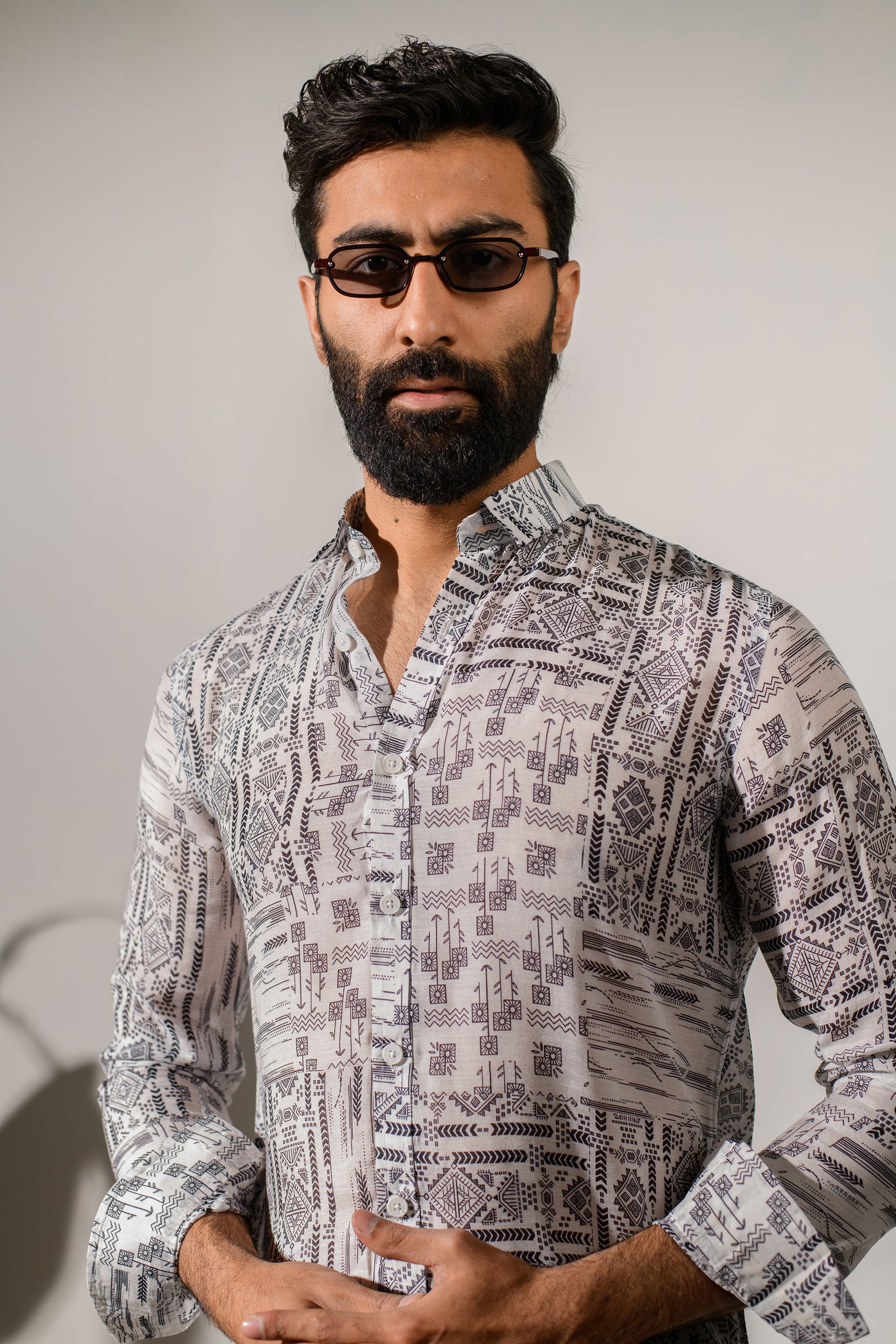 Stylish boho white silk shirt for men with intricate patterns and a relaxed fit