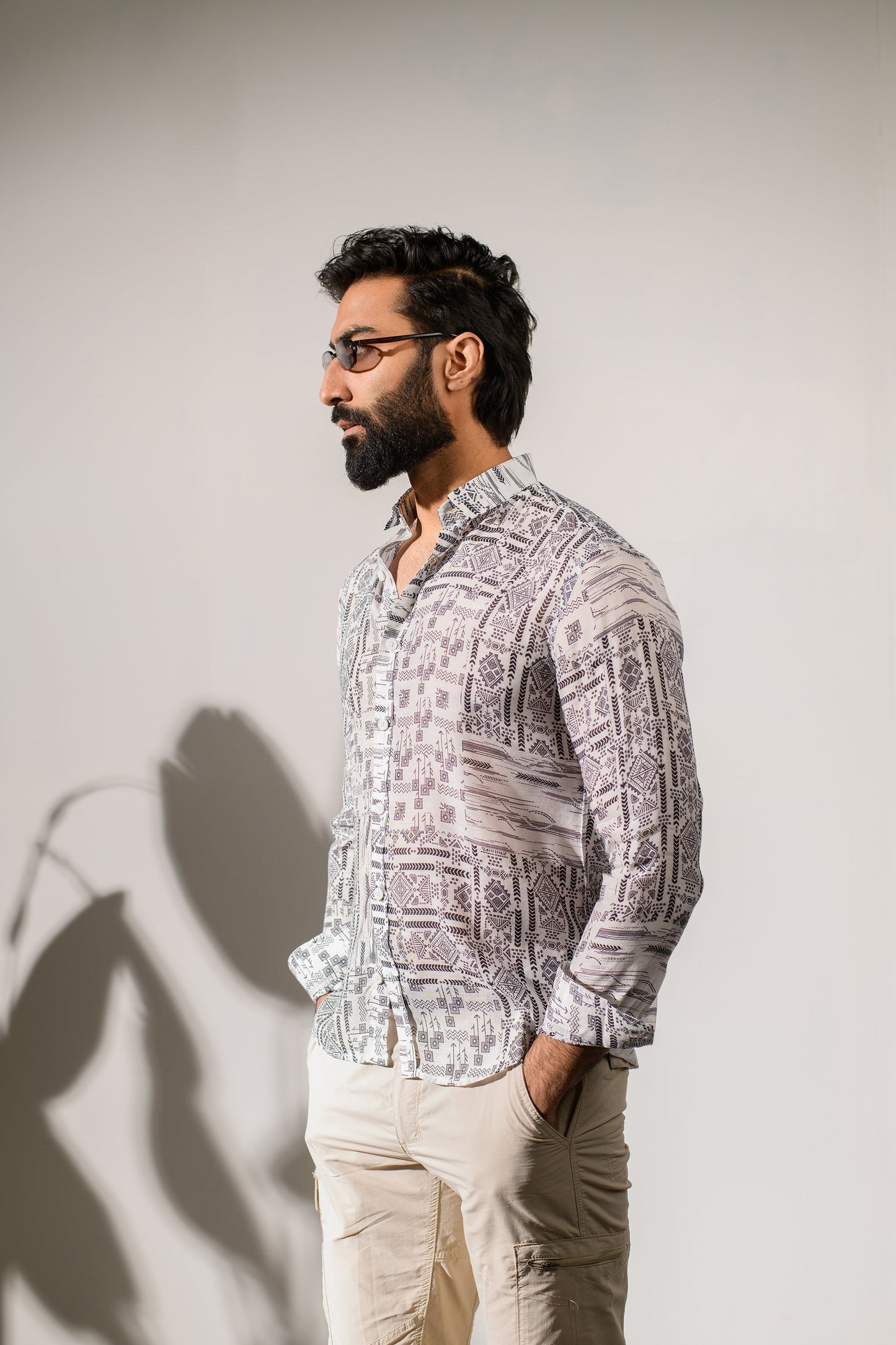 Stylera Boho White Silk Shirt for Men with Unique Pattern and Stylish Collar
