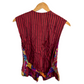 Back view handmade ethnic vest for women in red striped cotton with colorful embroidered side panels and ties